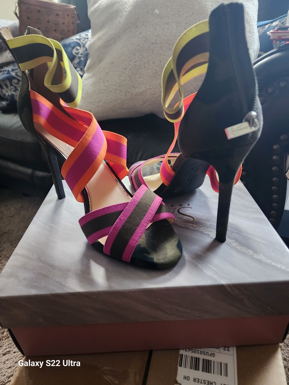 Jessica Simpson Multi-Stripe Stiletto Sandals in Pink, Orange & Yellow